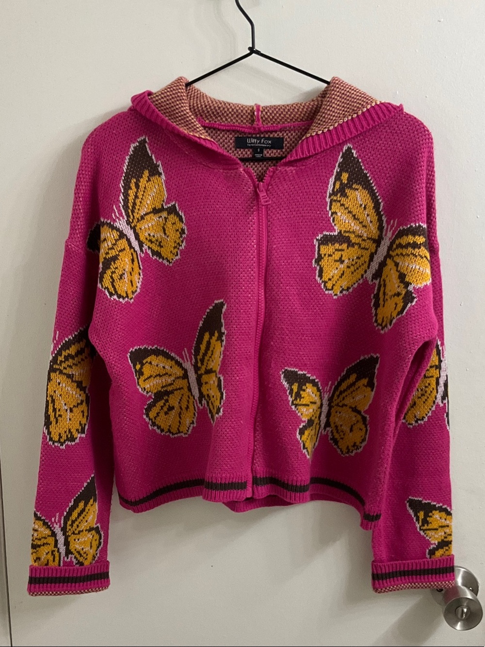 Wildfox Bright Pink Zip Front Butterfly Hoodie Sweater